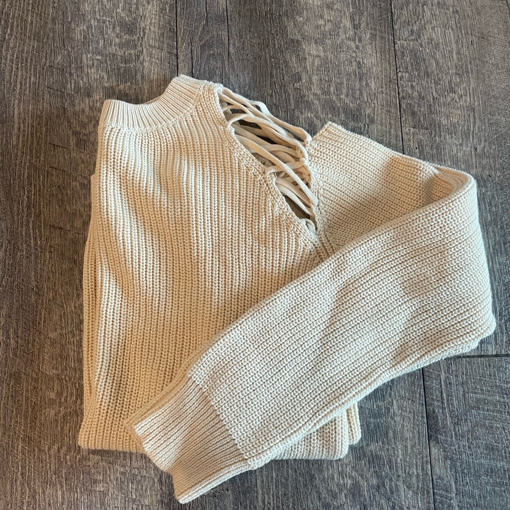 Cream Knit Sweater with Lace-Up Detail